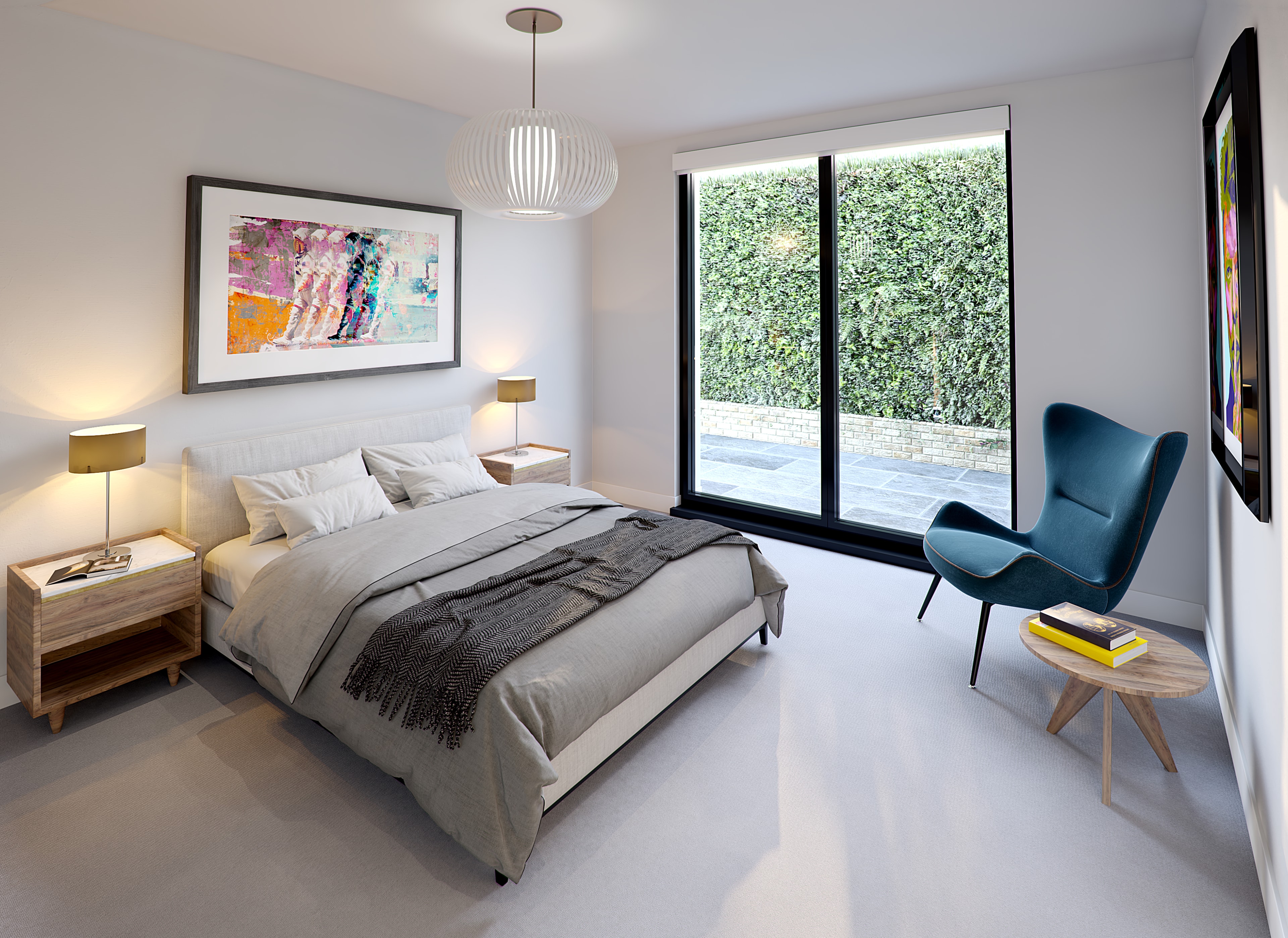 Colin Court — CGI bedroom render with sliding doors to private terrace, contemporary furnishings and garden views