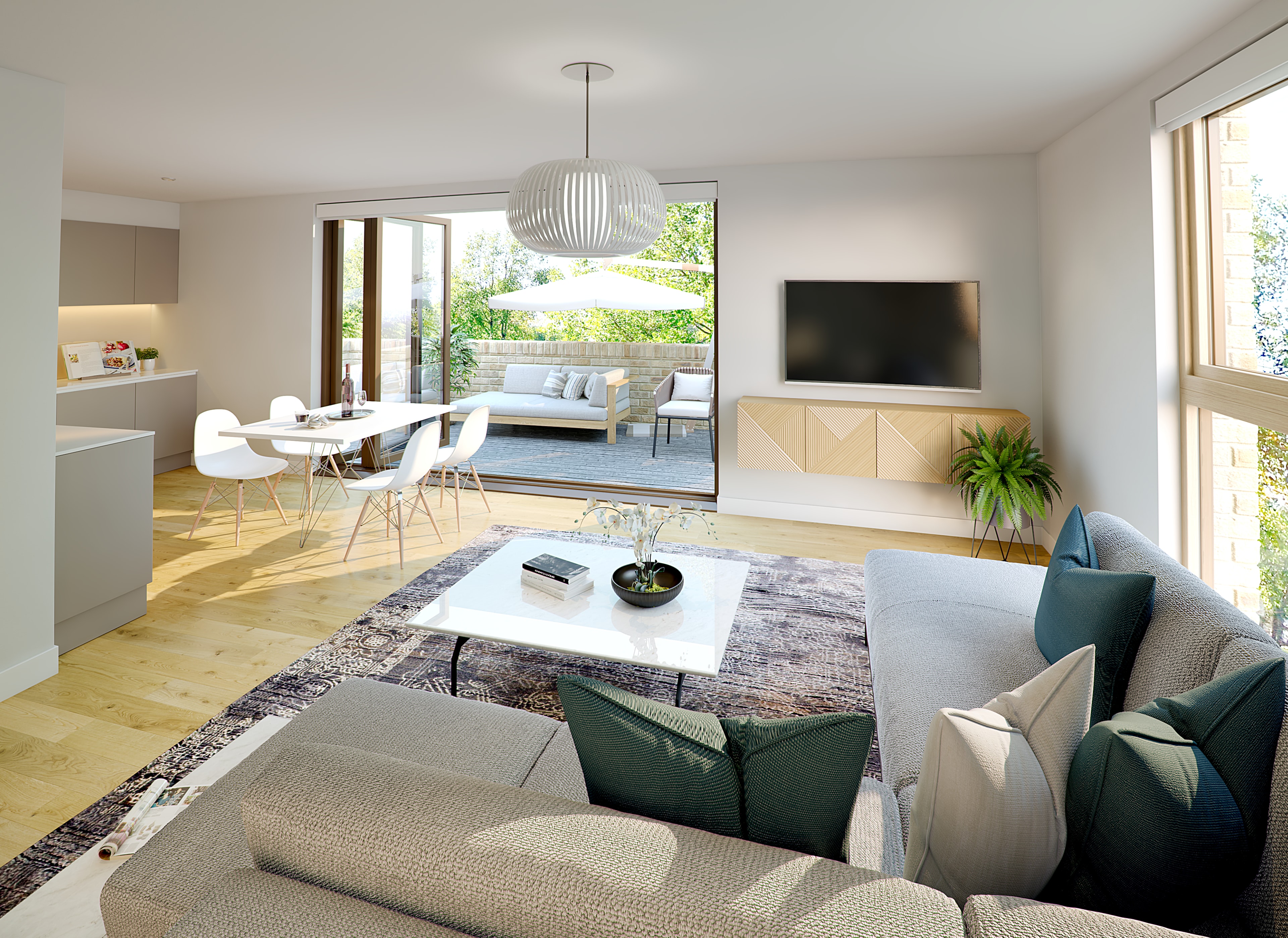Colin Court — CGI open-plan kitchen, dining and living space with terrace doors opening to private outdoor seating area