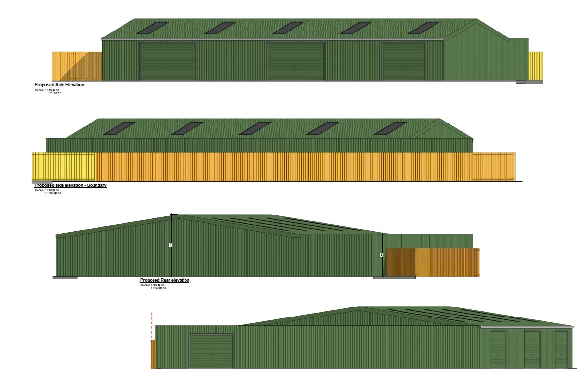Craven Park Mews — proposed side, boundary and rear elevations of the new green-clad warehouse building