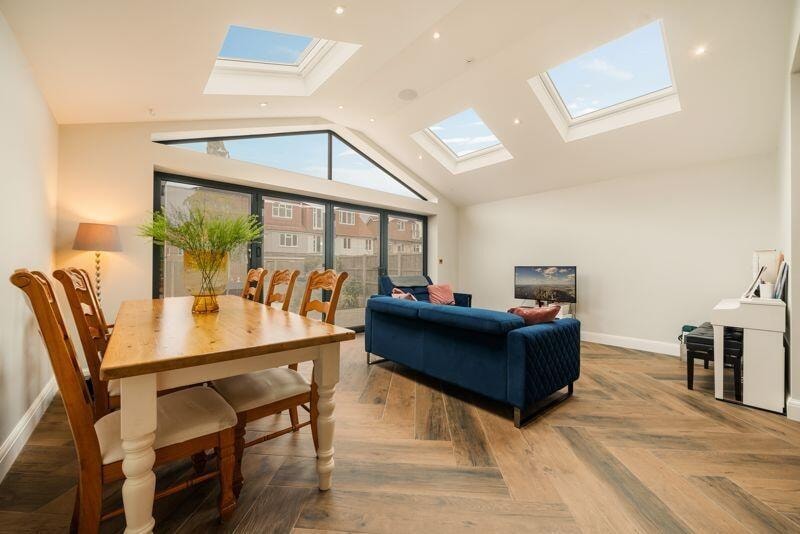 Rear extension interior with vaulted ceiling and bifold doors