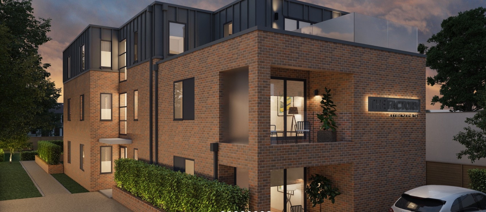 The Factory Apartments — CGI showing landscaped communal entrance and brick facade