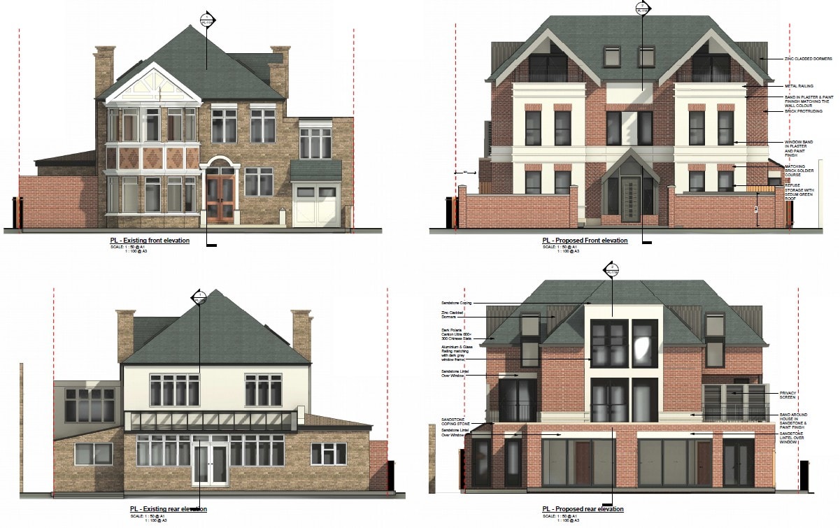 Gunnersbury Avenue — architectural elevation drawings showing existing and proposed front and rear elevations