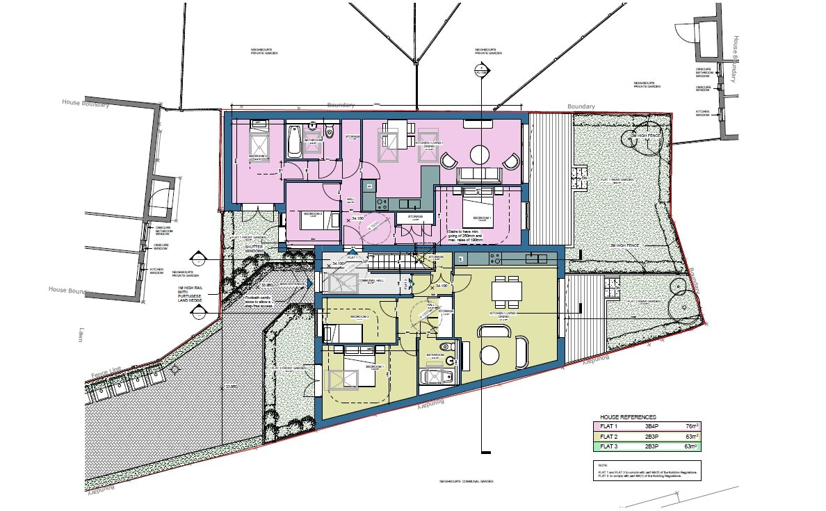 Harrow Road — approved ground floor plan showing layout of Flats 1, 2 and 3 with associated garden space