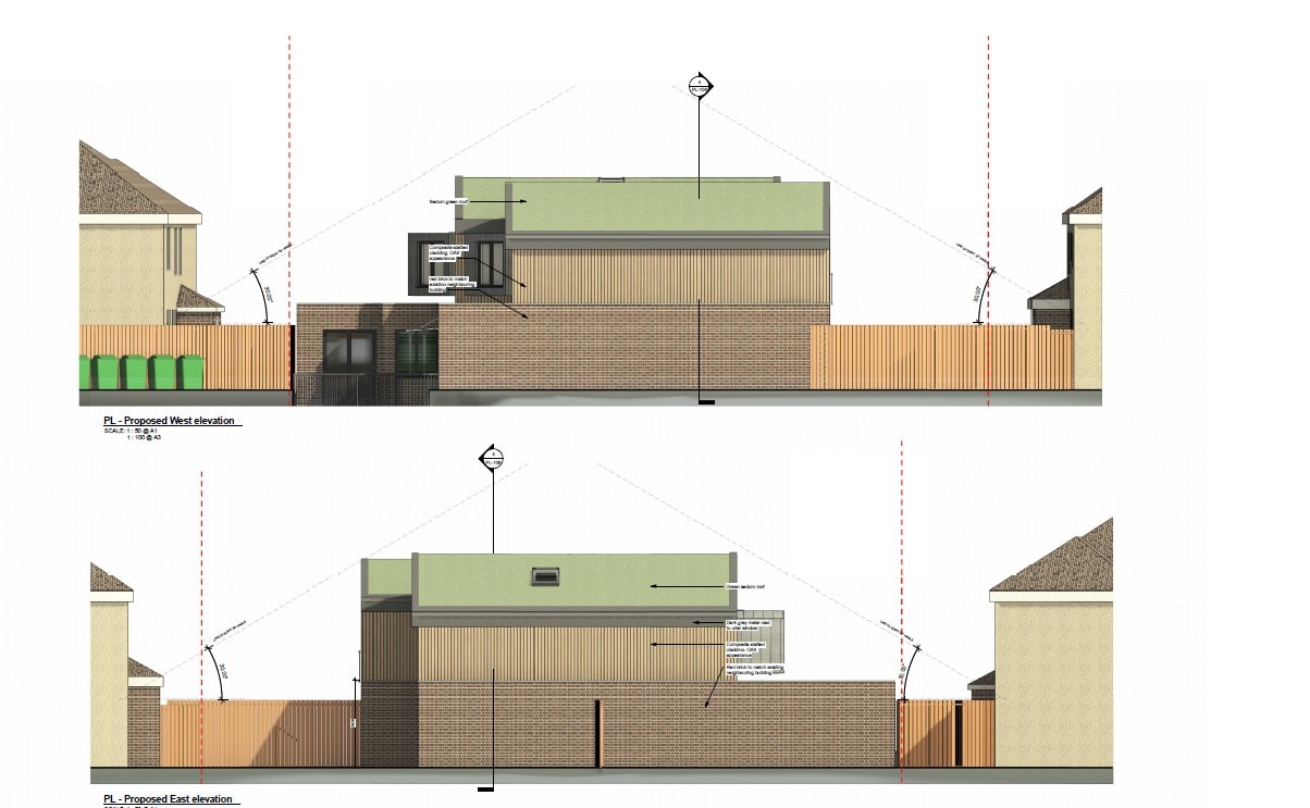 Harrow Road — proposed west and east elevation drawings showing timber cladding, green roof and brick base