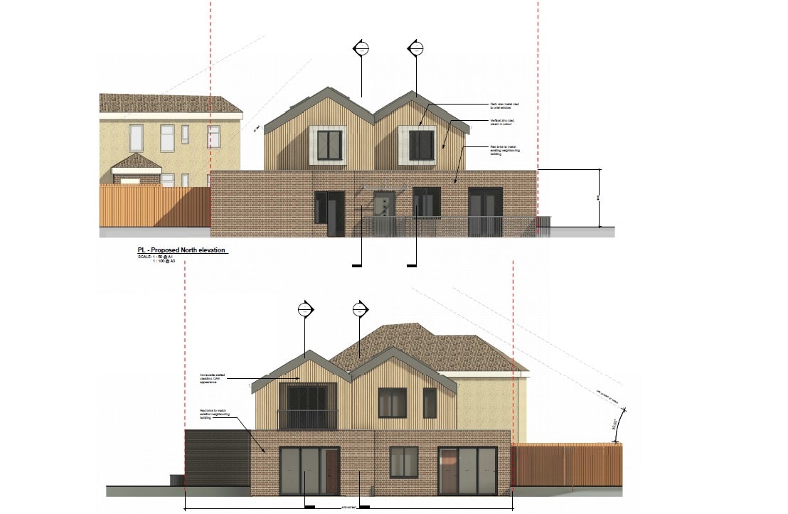 Harrow Road — proposed north and south elevation drawings showing double-pitched roof and timber cladding