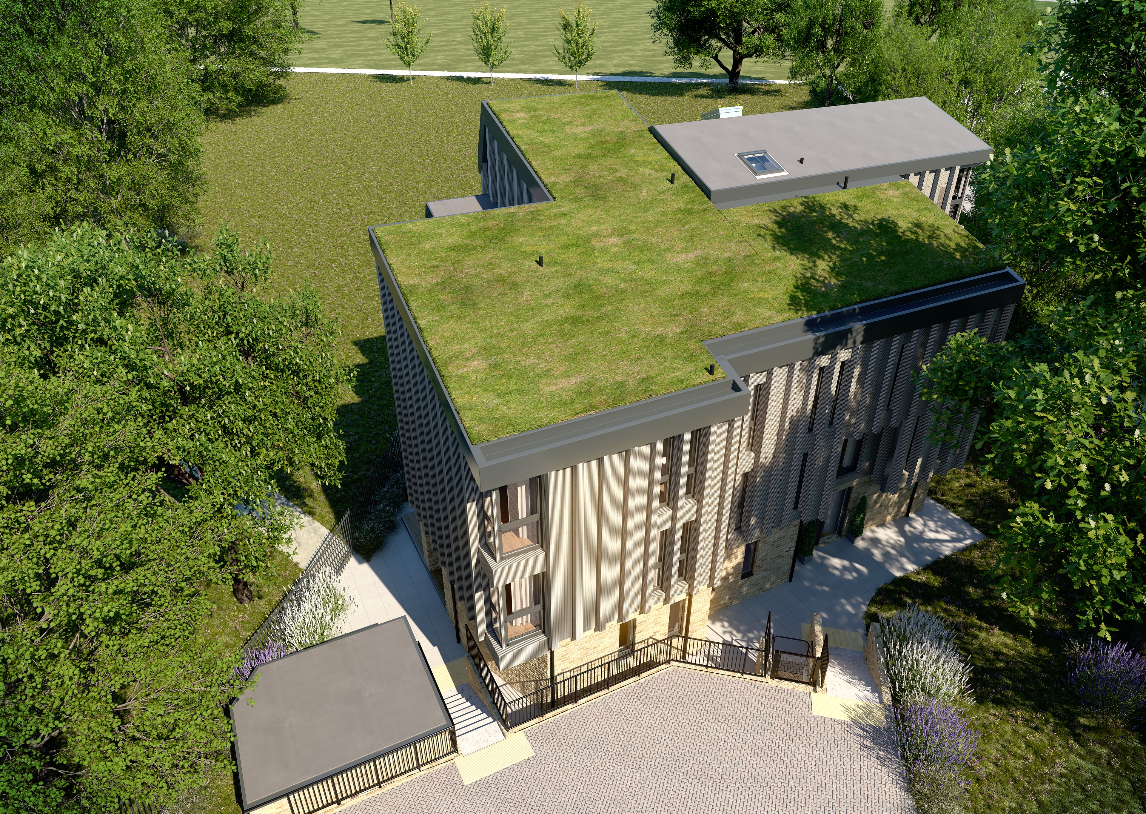 Ravensbourne Park — aerial CGI showing green sedum roof and landscaped grounds