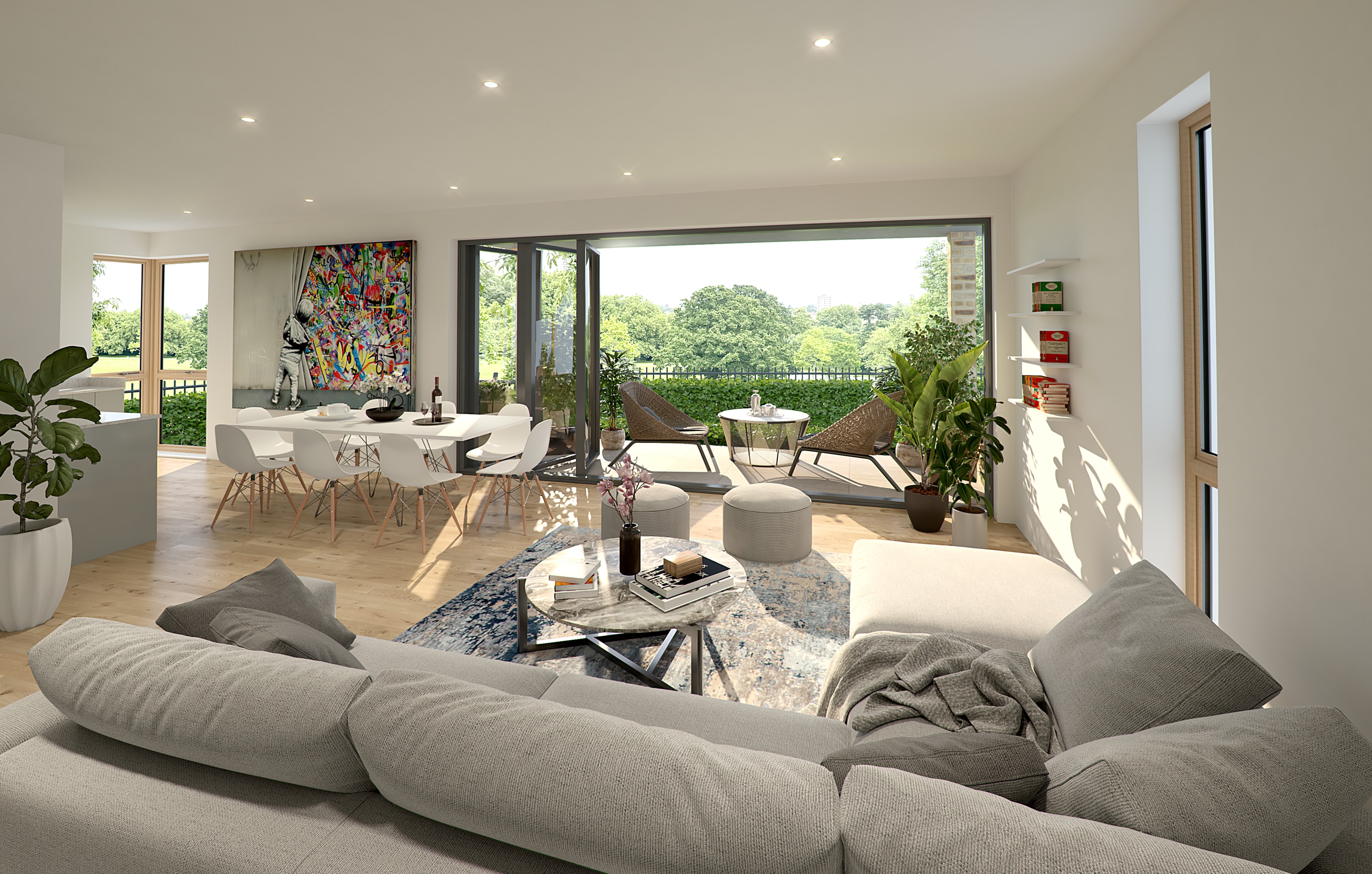 Ravensbourne Park — CGI open-plan living and dining area with terrace doors and park views