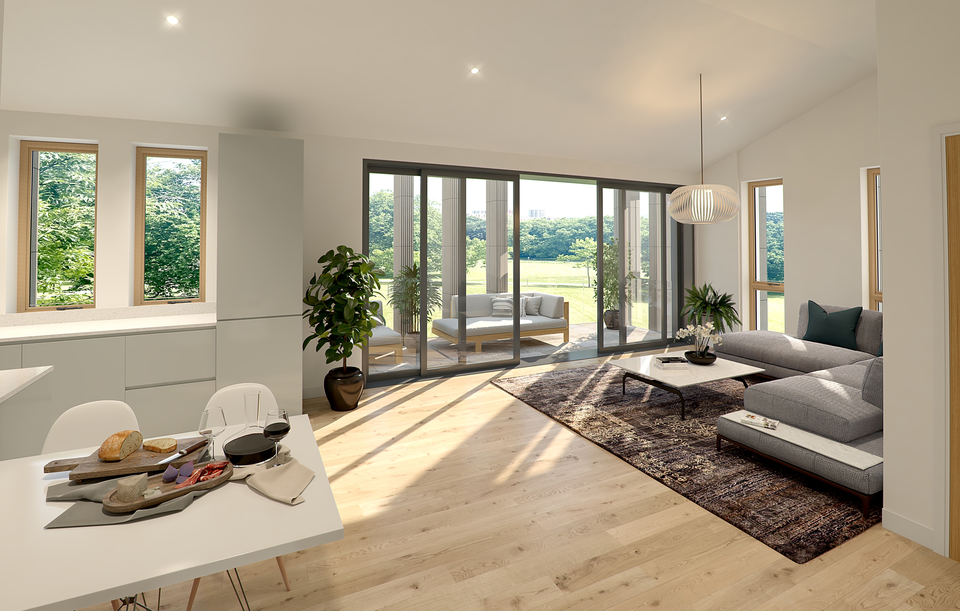 Ravensbourne Park — CGI open-plan kitchen and living space with sliding doors to terrace