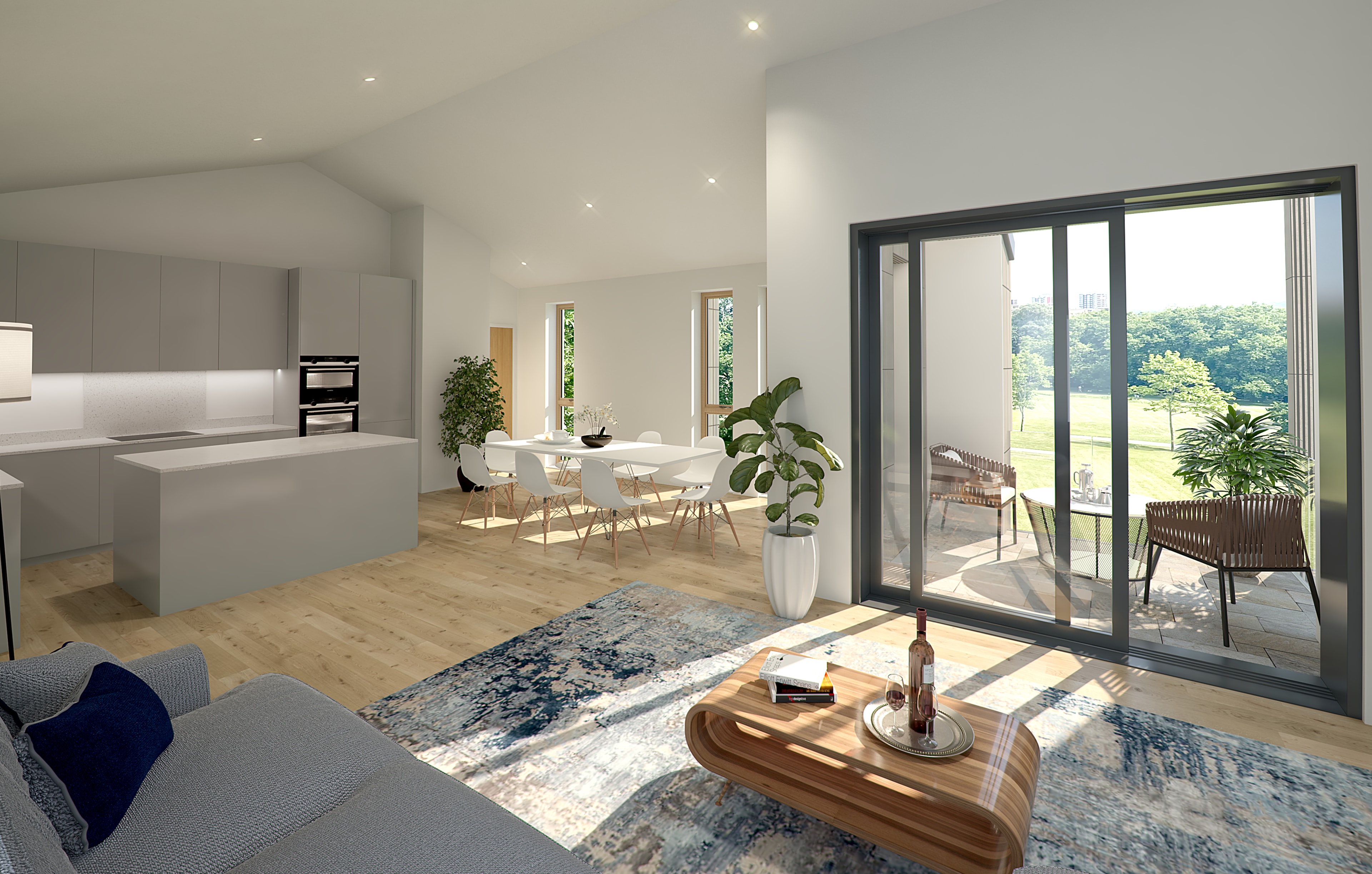 Ravensbourne Park — CGI open-plan kitchen, dining and living area with terrace