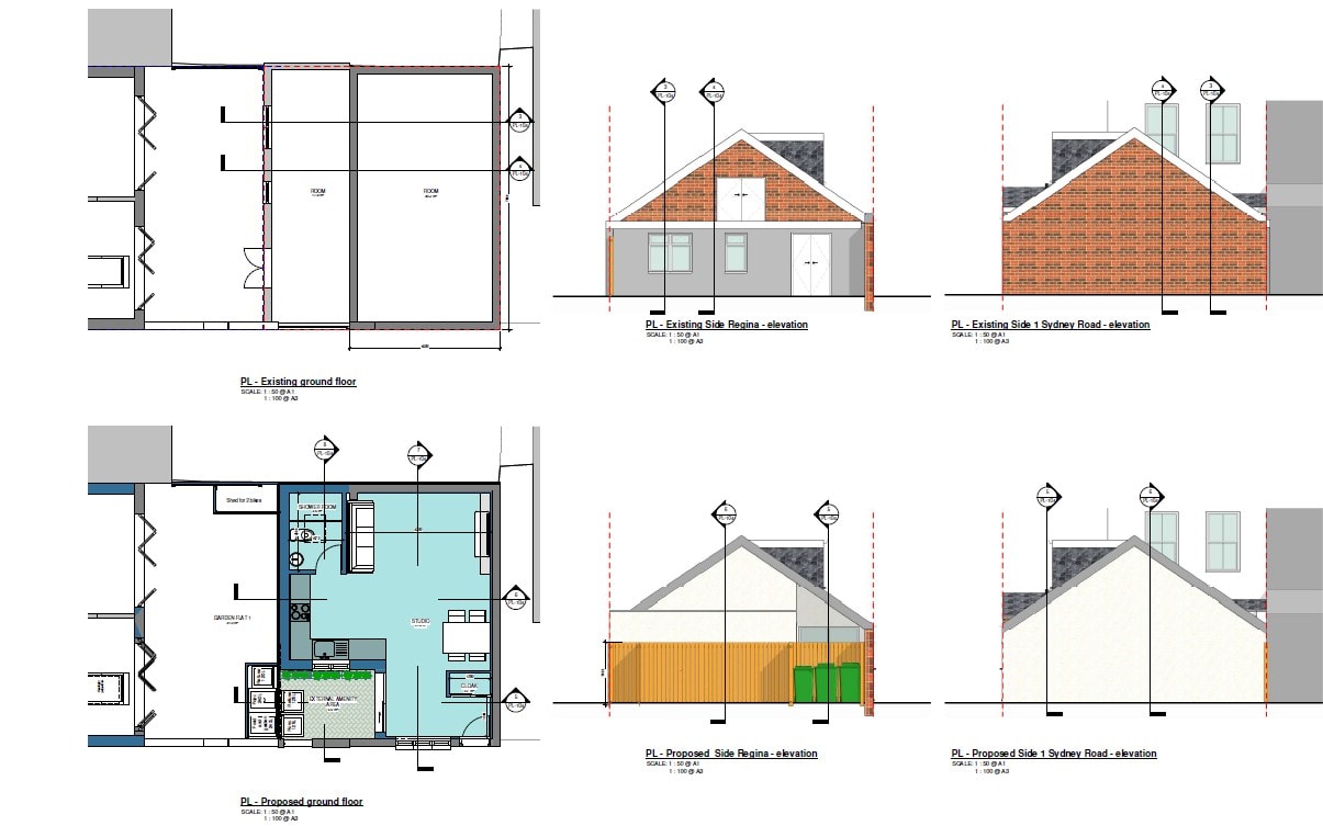 Regina Road — existing and proposed front and rear elevations showing conversion works