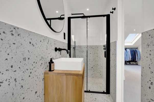 Salisbury Road — bathroom with terrazzo tile walls
