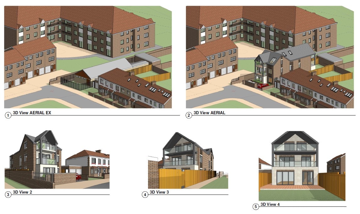 Scouts Hall — 3D architectural renders showing aerial existing and proposed views plus street-level CGIs