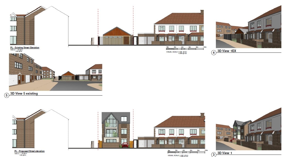 Scouts Hall — proposed street elevation drawings and 3D street views showing existing vs proposed