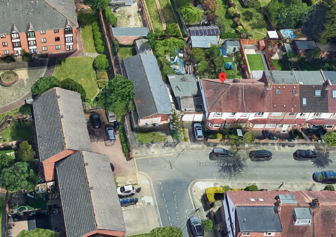 Scouts Hall — aerial satellite photograph showing existing scouts hall site on Emanuel Avenue