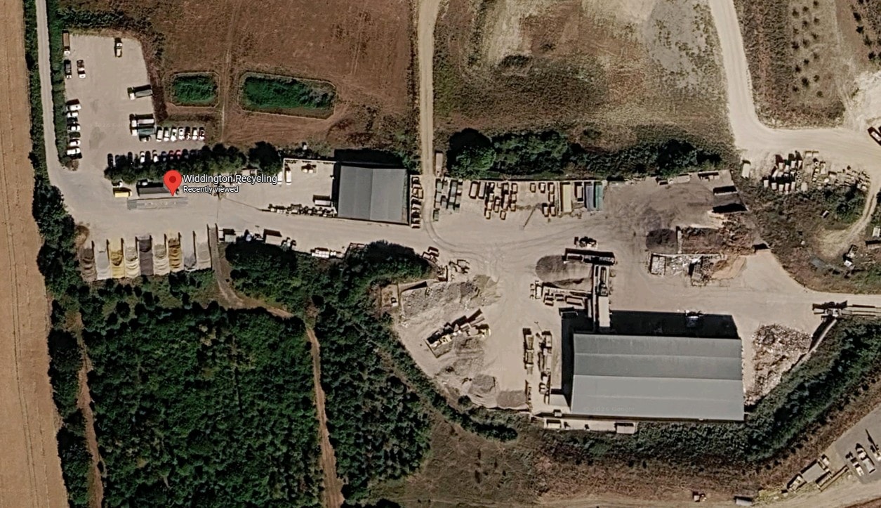 Widdington Recycling — aerial satellite view of the full site showing facility layout and surrounding land