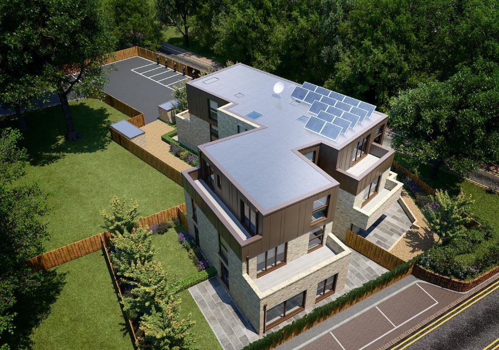 RPR new build architecture — aerial CGI of contemporary residential development with solar panels